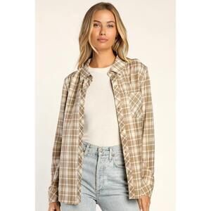 Lulus With The Vibe Beige Plaid Button-up Top - Size S